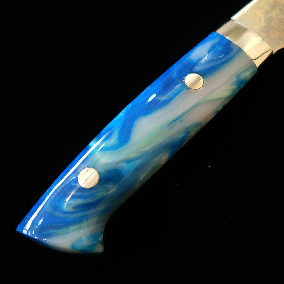 SAJI TAKESHI Santoku VG10 damas coloré, manche acrylique bleu (180 mm)