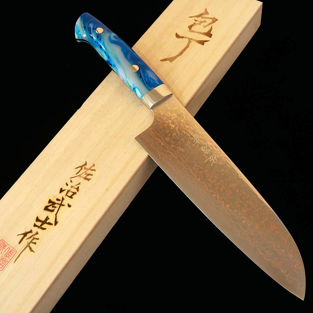 SAJI TAKESHI Santoku VG10 Damasco colorido cabo de acrílico azul (180mm)