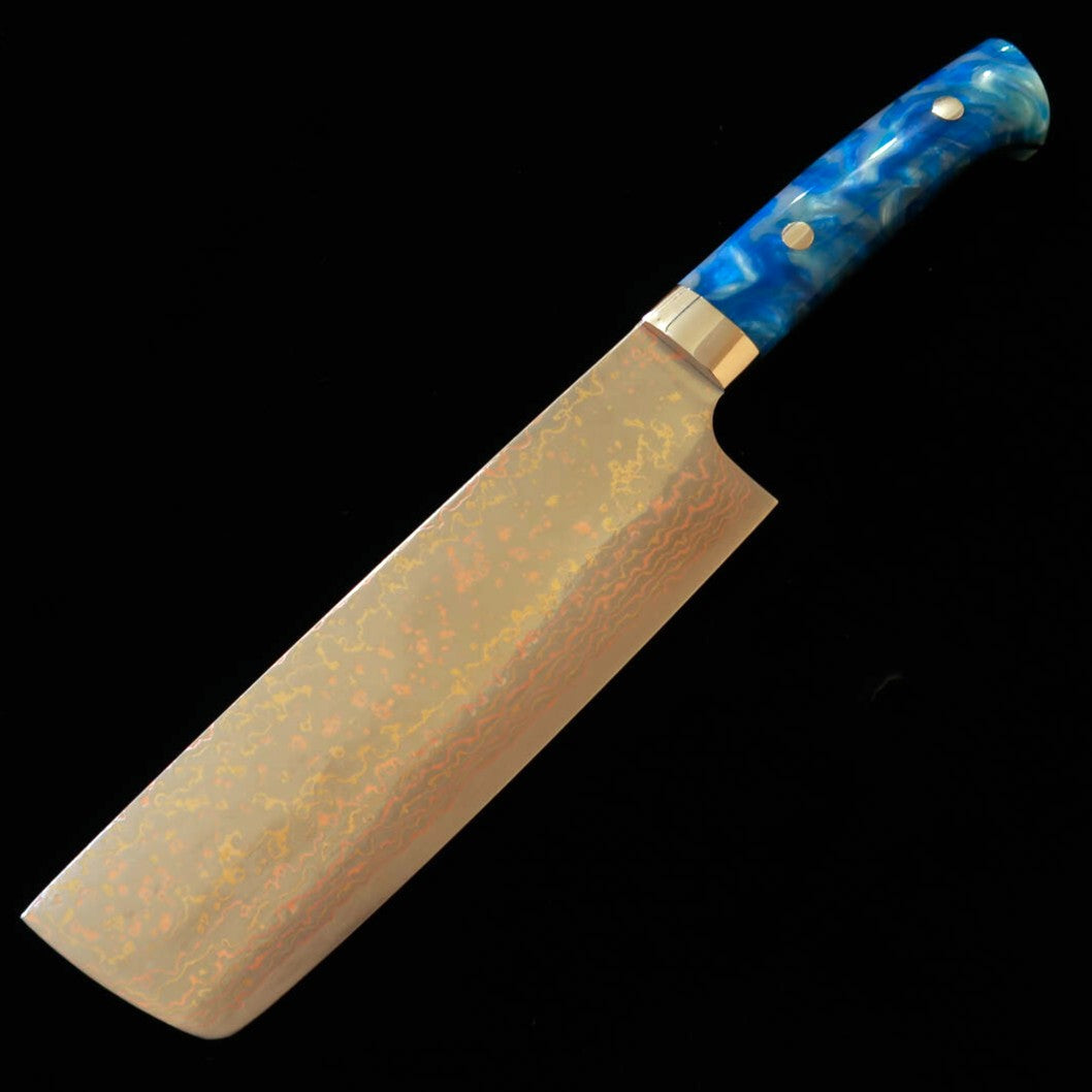 Saji Takeshi Nakiri VG10, Damas coloré, Manche en acrylique bleu (165 mm)