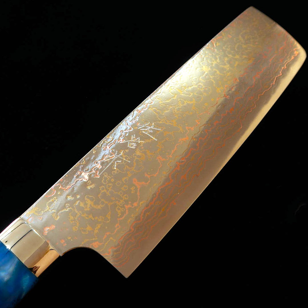 Saji Takeshi Nakiri VG10, Damas coloré, Manche en acrylique bleu (165 mm)