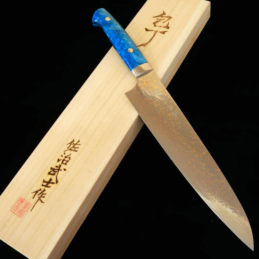 SAJI TAKESHI Saji Takeshi Gyuto VG10, Damasco colorido, cabo em acrílico azul (210/240 mm)