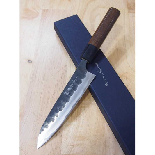 安立ANRYU ペティ 青紙スーパー 鎚目 黒打ち 紫檀八角柄（150mm）