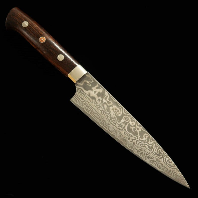 佐治武士 SAJI TAKESHI R2 Faca Petty Damasco com cabo em madeira Ironwood tingida de preto (135/150mm)