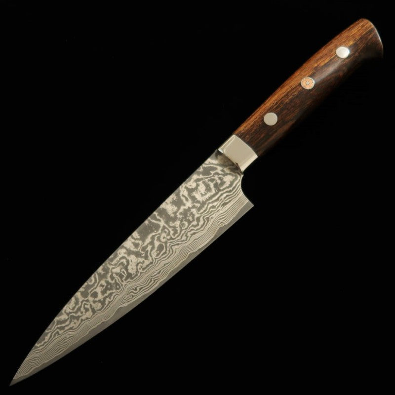 佐治武士 SAJI TAKESHI R2 Faca Petty Damasco com cabo em madeira Ironwood tingida de preto (135/150mm)