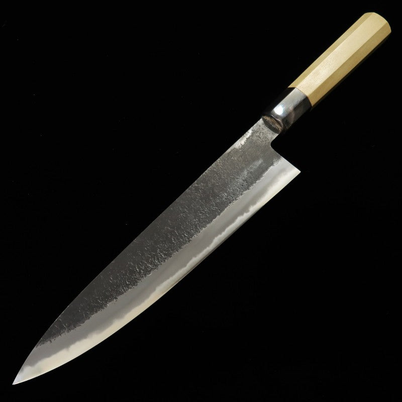 Mikata-ya Hinoura Acier Blanc n°2 Finition brute Poire Manche octogonal en magnolia Couteau de chef (210/240 mm)