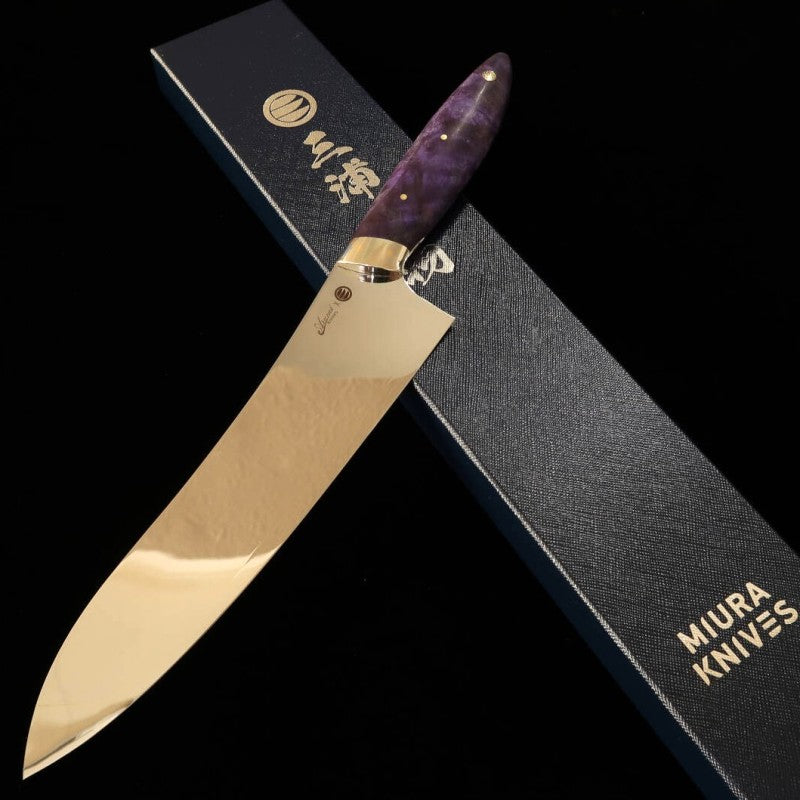 Asurah Knives × Miura MIURA VG10 acabado espejo, mango personalizado azul, gyuto (210 mm)