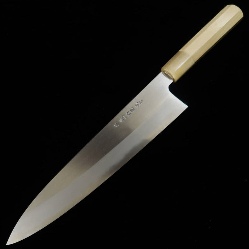 Gyuto MIURA Itadaki Shirogami Nº 2, acabamento Shinki, cabo octogonal de chifre branco de búfalo (210/240mm)