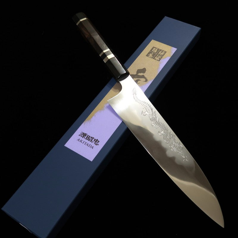 Mizuno Forging Shop MIZUNO Minamoto Akitada Aogami No. 1 Honyaki DX Gyuto Knife Mirror Finish Dragon Engraved Ebony Silver Wrap Handle (240mm) 