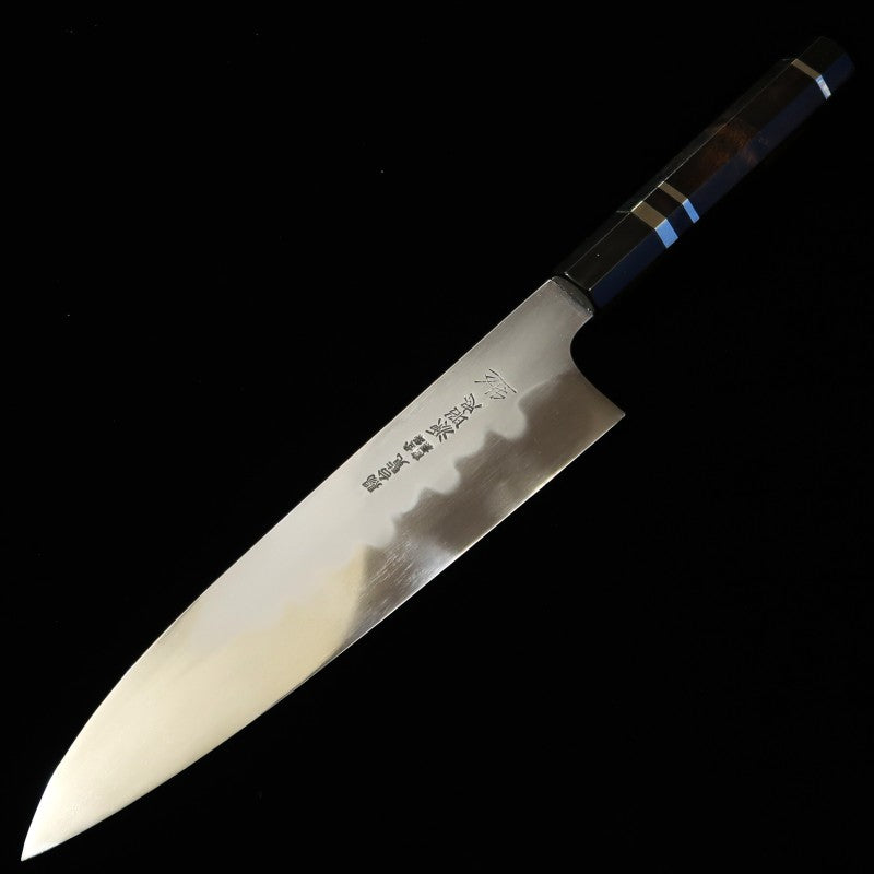 Mizuno Forging Shop MIZUNO Minamoto Akitada Aogami No. 1 Honyaki DX Gyuto Knife Mirror Finish Dragon Engraved Ebony Silver Wrap Handle (240mm) 