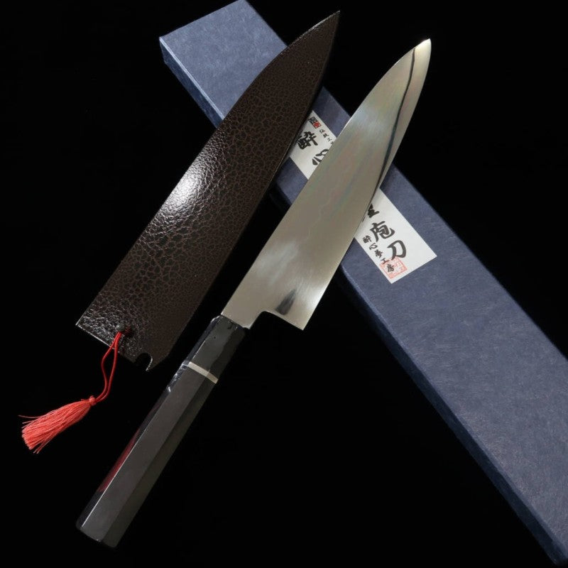SUISIN Hon-yaki Ikeda Miwa Acier Blanc No.3 Manche en ébène avec virole argentée Fourreau en magnolia Gyuto japonais (240 mm)