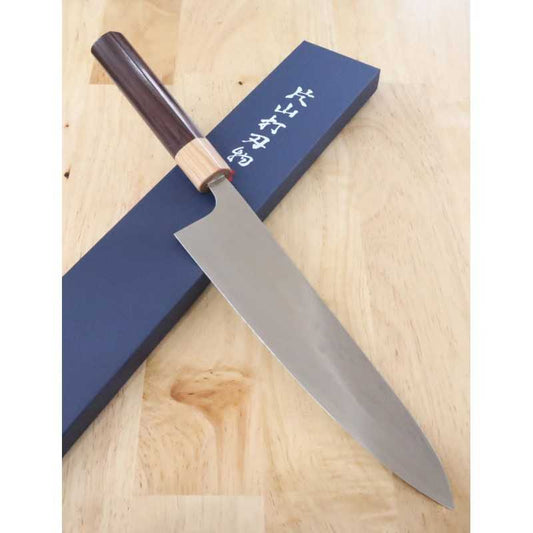 Gyuto Yuta Katayama Inox VG10 com acabamento polido em damasco e cabo de jacarandá castanho (210/240mm)