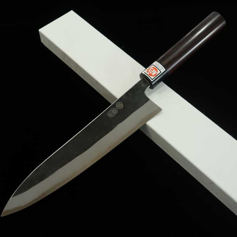 Ikenami Hamono IKENAMI HAMONO Shirogami nº1, núcleo de acero blanco con revestimiento inoxidable, acabado kuro-uchi, gyuto, mango de sakura (210-270 mm)