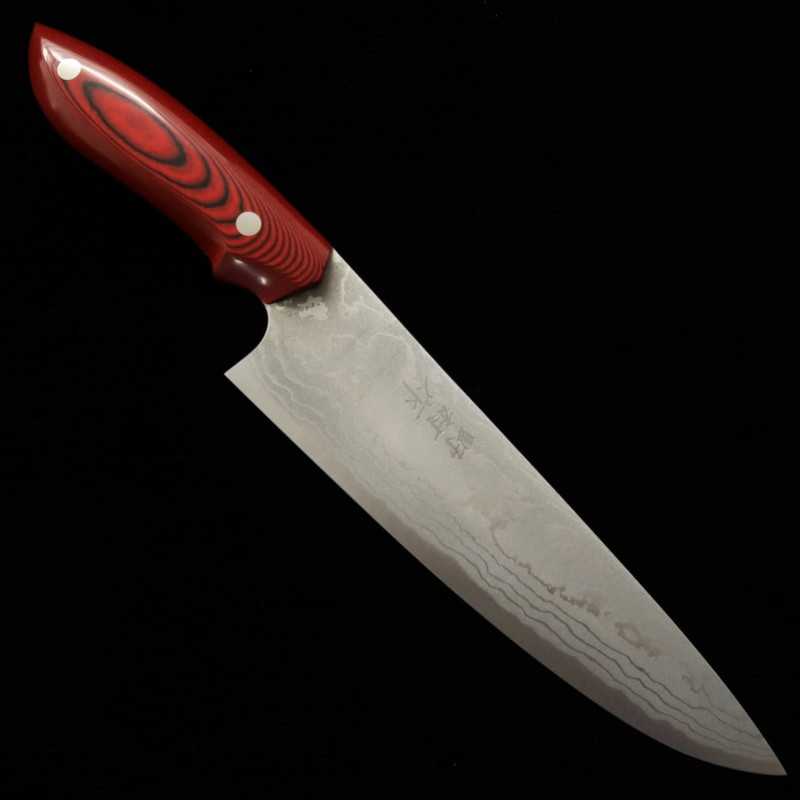 Kazuo Nomura Aogami Shiro No.2 patrón de tinta Gyuto, mango de micarta roja (180/210 mm)