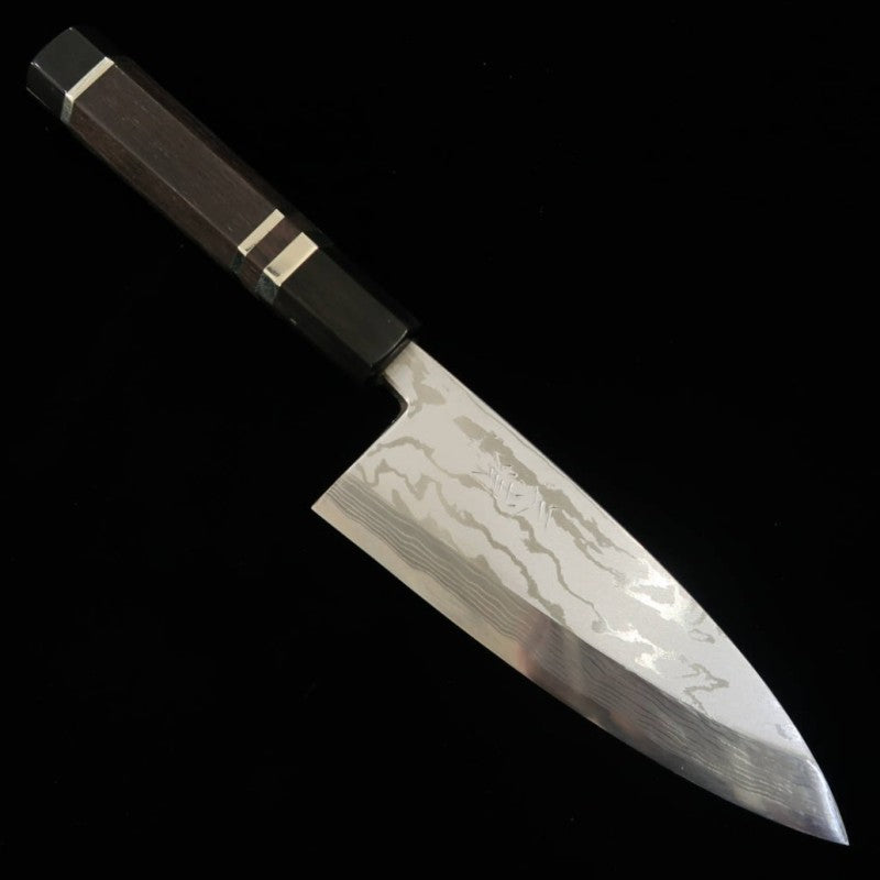[Outlet - Cabo com rachadura] MIURA Deba, fio original, aço Aogami nº2, Damasco, cabo em ébano com acabamento em prata (150mm)