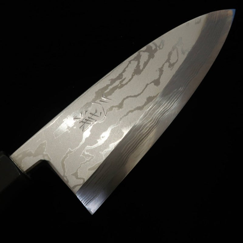 [Outlet - Cabo com rachadura] MIURA Deba, fio original, aço Aogami nº2, Damasco, cabo em ébano com acabamento em prata (150mm)