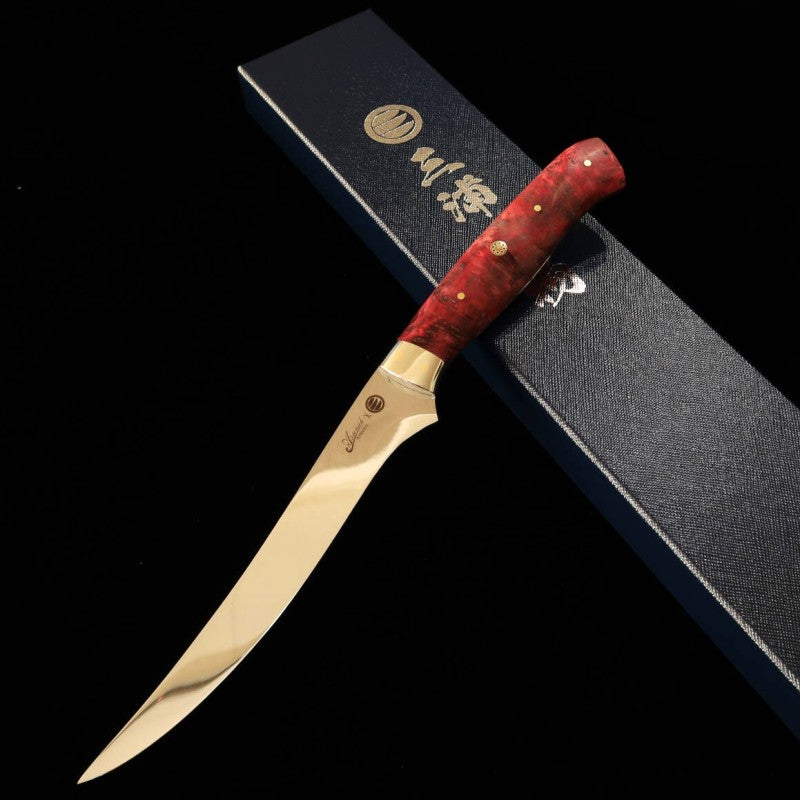 Steak knife AsurahxMiura com acabamento espelhado e cabo personalizado vermelho (150mm)