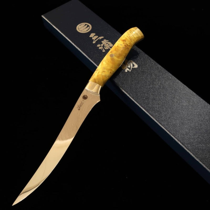 Asurah Knives × 三浦 MIURA SUS420J2  鏡面仕上げ カスタムハンドル イエロー フィレナイフ (160mm)