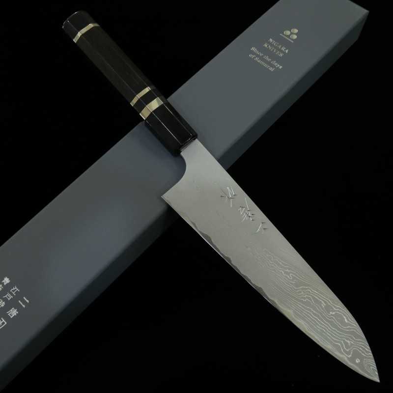 二唐刃物鍛造所NIGARA 牛刀 青紙二号 ダマスカス 銀巻黒檀柄 （210mm）