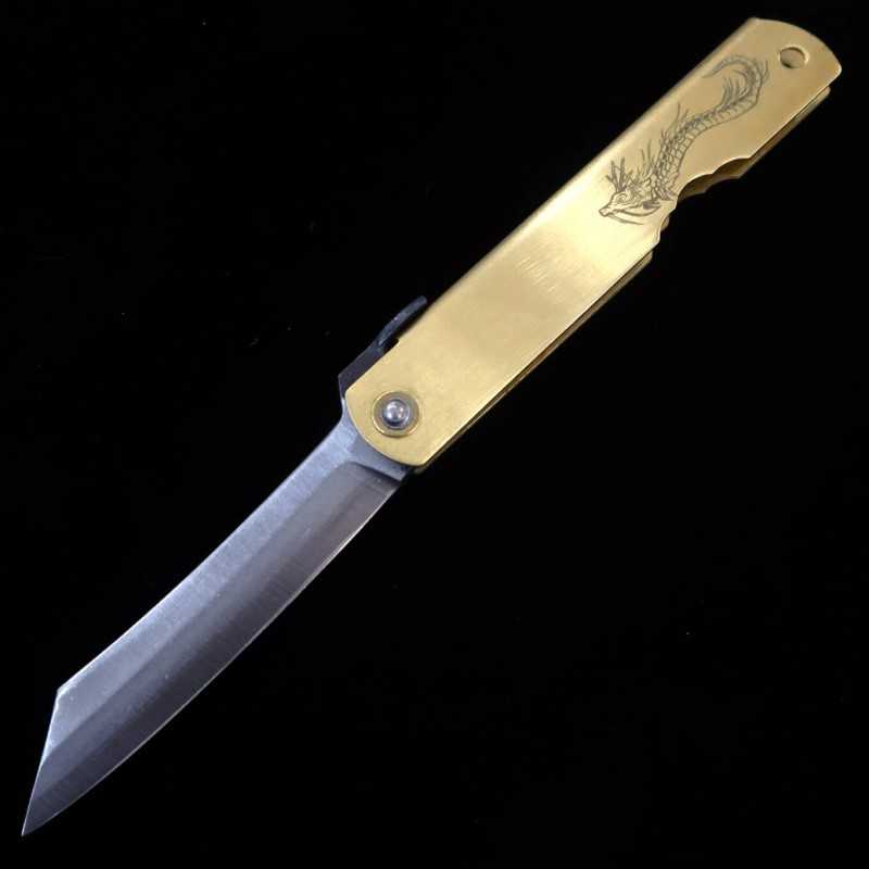 Nagaokakanekoma KANEKOMA Higonokami aço azul revestido, cabo de latão, série do zodíaco - Dragão - (73mm)