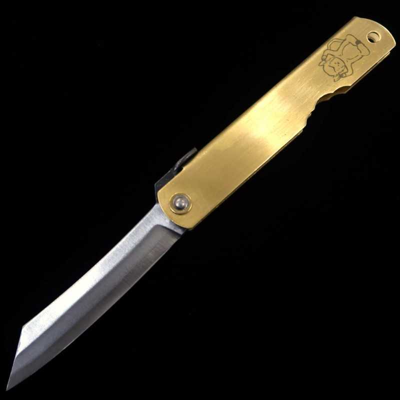 Japanese Folding knife HIGONOKAMI Blue Steel Brass Handle Zodiac Series - Rooster - (73mm)