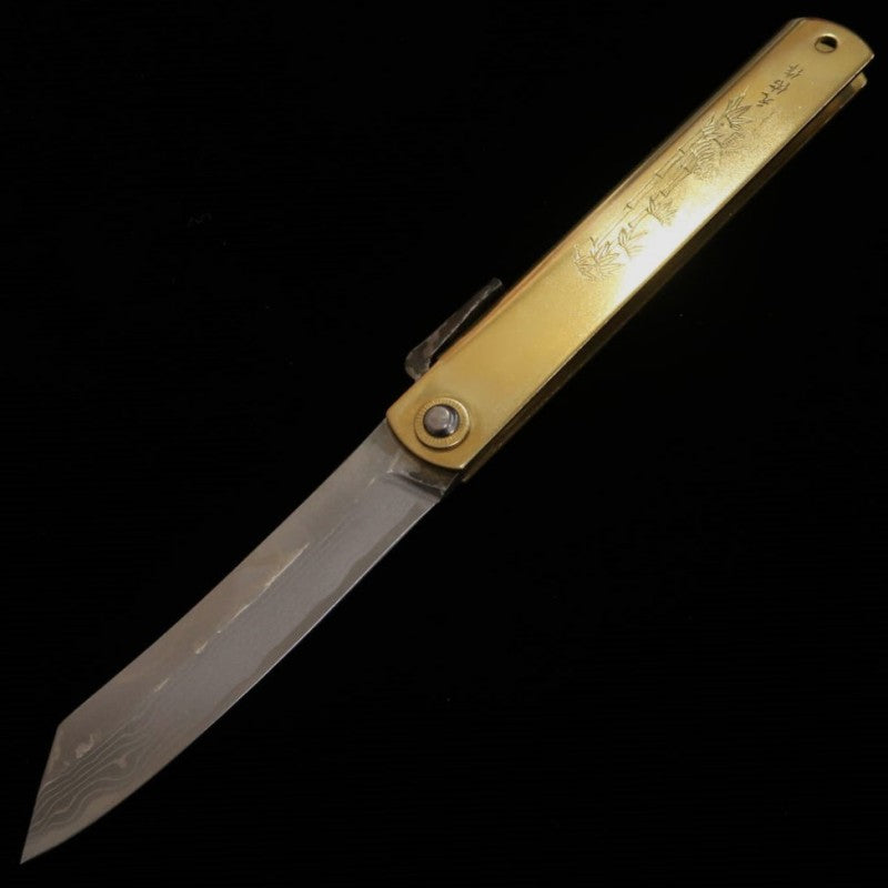 Japanese Folding knife HIGONOKAMI Blue Steel Damascus with Engraving (120mm)