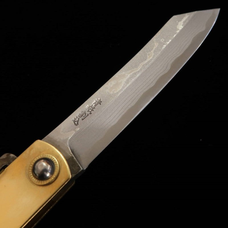 Japanese Folding knife HIGONOKAMI Blue Steel Damascus with Engraving (120mm)
