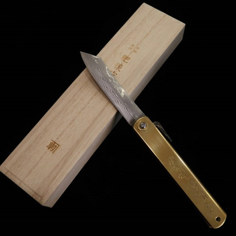 Japanese Folding knife HIGONOKAMI Blue Steel Damascus with Engraving (120mm)