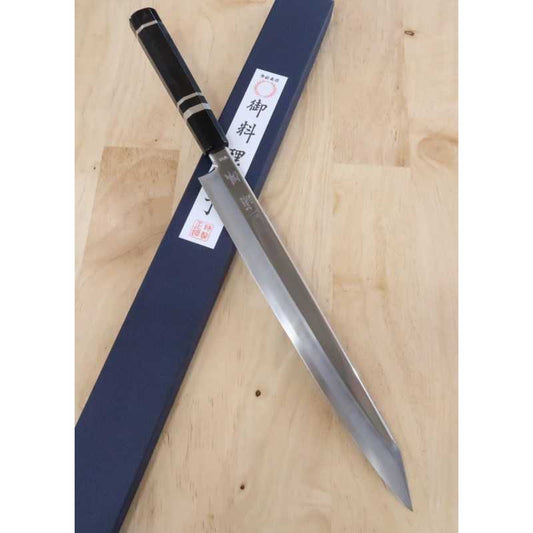 三浦 佩 MIURA Obidama  VG-10 平鏡面仕上 勘所柳刃 両輪黒檀銀巻八角柄 (270/300mm)
