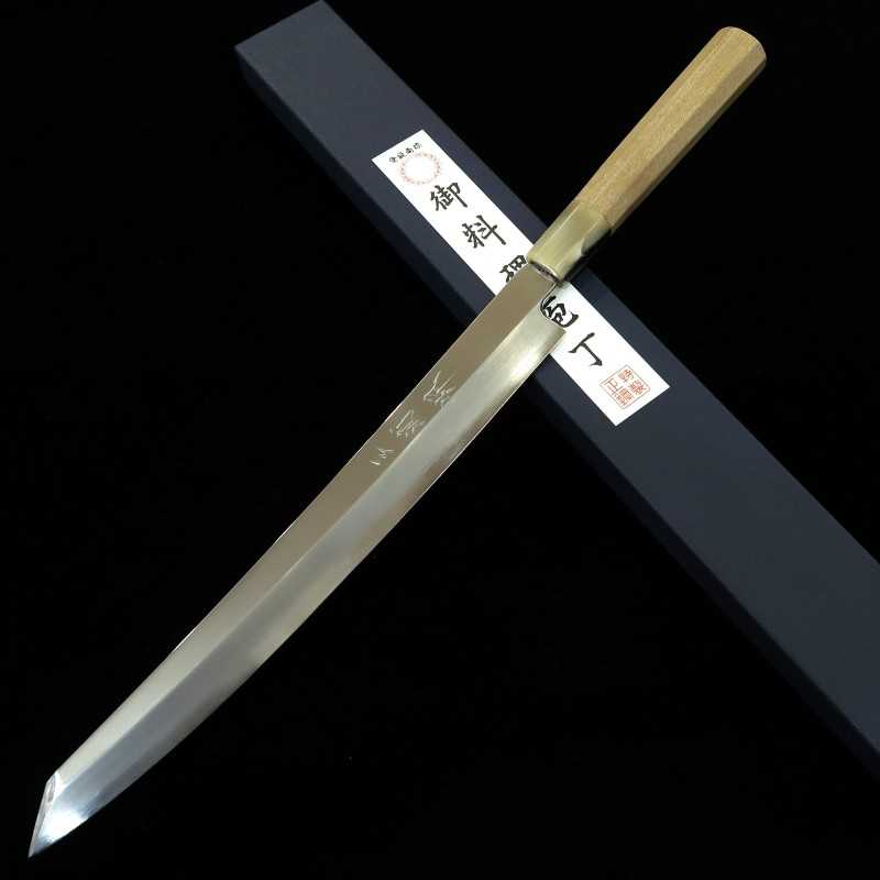 Miura Hae MIURA Obidama Acero Gingami No.3 Yanagiba kiritsuke con acabado espejo Mango octogonal de cuerno de búfalo blanco Para zurdos (270/300/330 mm)