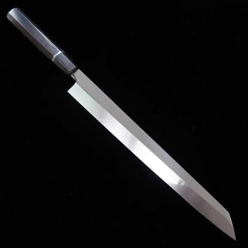 Kiritsuke yanagiba Mizu Honyaki SUISIN Shirogami nº 2 acabamento espelhado cabo octogonal em ébano por Kenji Togashi (300mm)