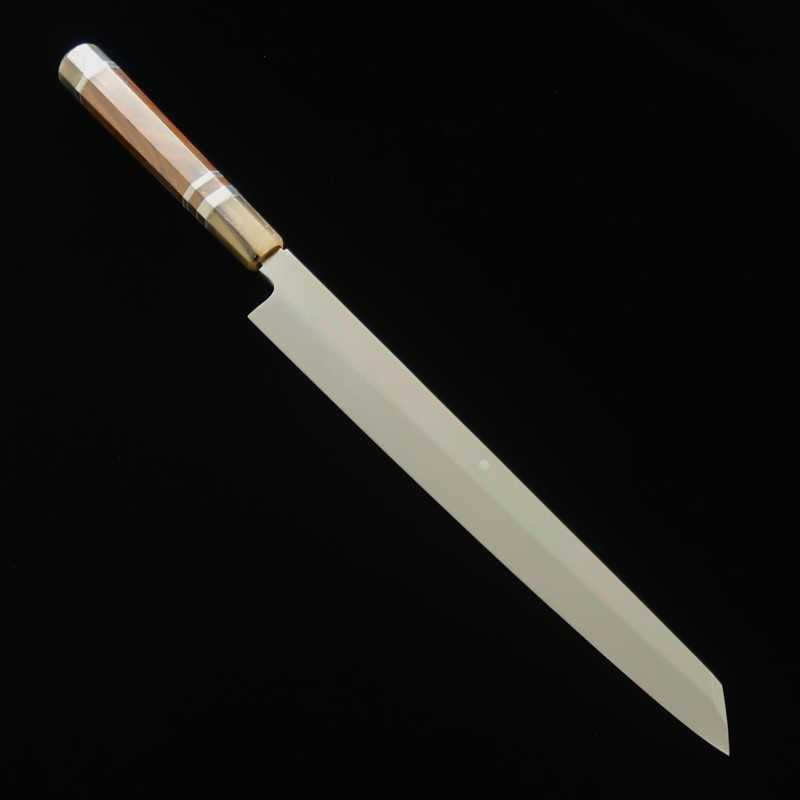 zzz 酔心 SUISIN, acier blanc Fuji Hon-yaki, lame yanagiba type sabre, finition miroir intégrale, manche en bois de serpent avec trois anneaux d’argent (300 mm)