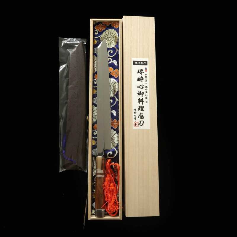 zzz 酔心 SUISIN, acier blanc Fuji Hon-yaki, lame yanagiba type sabre, finition miroir intégrale, manche en bois de serpent avec trois anneaux d’argent (300 mm)