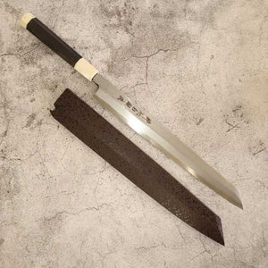 酔心 SUISIN 富樫憲治作 白鍛流 剣型柳刃 白紙一号 黒檀両輪人口象牙柄 塗鞘 (270/300mm)
