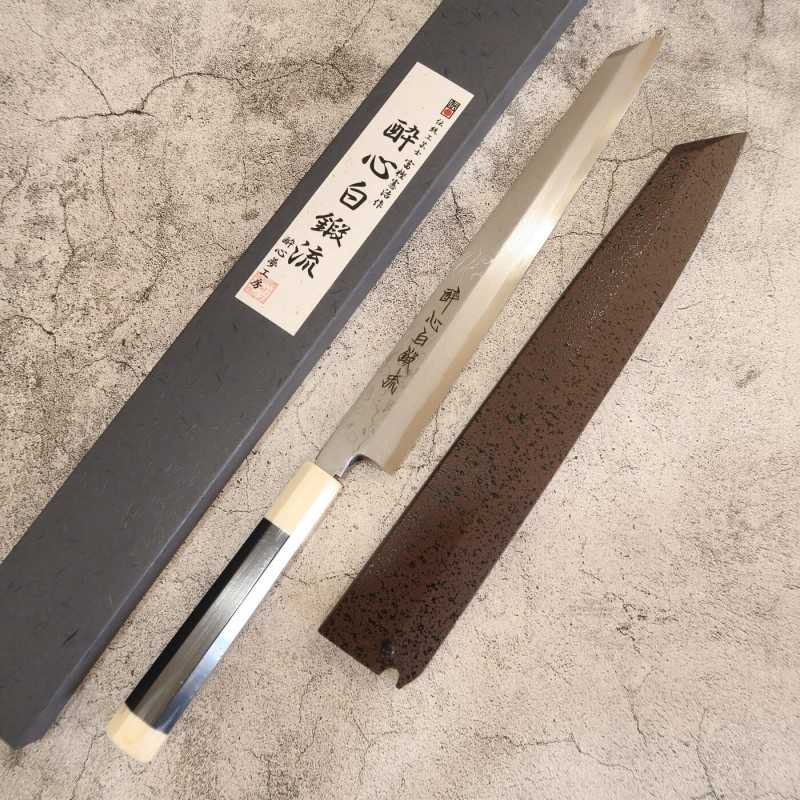 Kiritsuke Yanagiba SUISIN Tanryu com Saya laqueada, Cabo em ébano, forjada por Kenji Togashi (270/300mm)