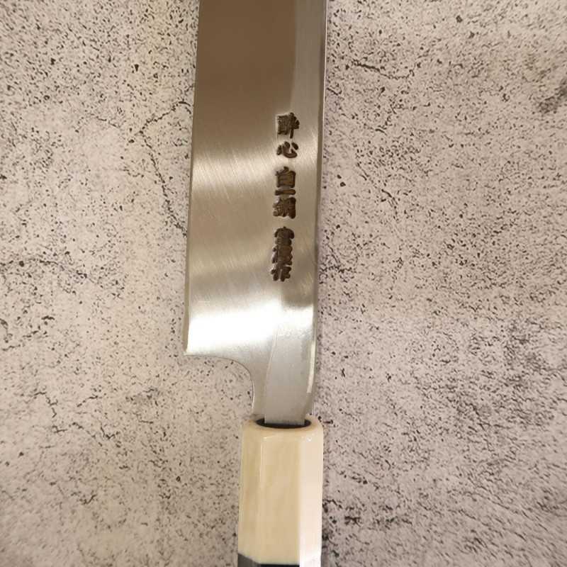 Kiritsuke Yanagiba SUISIN Tanryu com Saya laqueada, Cabo em ébano, forjada por Kenji Togashi (270/300mm)