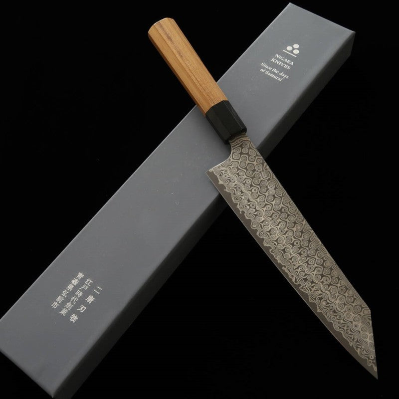二唐刃物鍛造所NIGARA 暗紋 切付牛刀 SG2 チーク八角柄 (210/240mm)