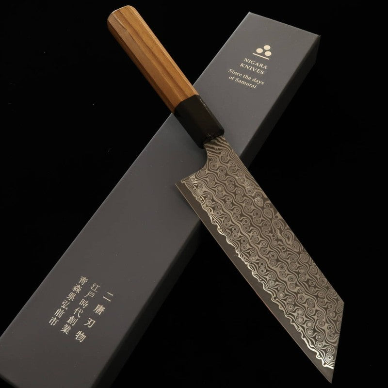 二唐刃物鍛造所 NIGARA 切付菜切 SG2 暗紋 ダマスカス チークハンドル (180mm)