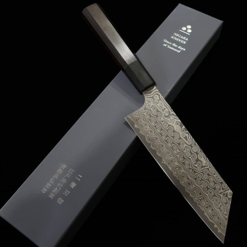 NIGARA Nakiri SG2 Anmon Damascus Buffalo Ebony Octagonal Handle (180mm) 