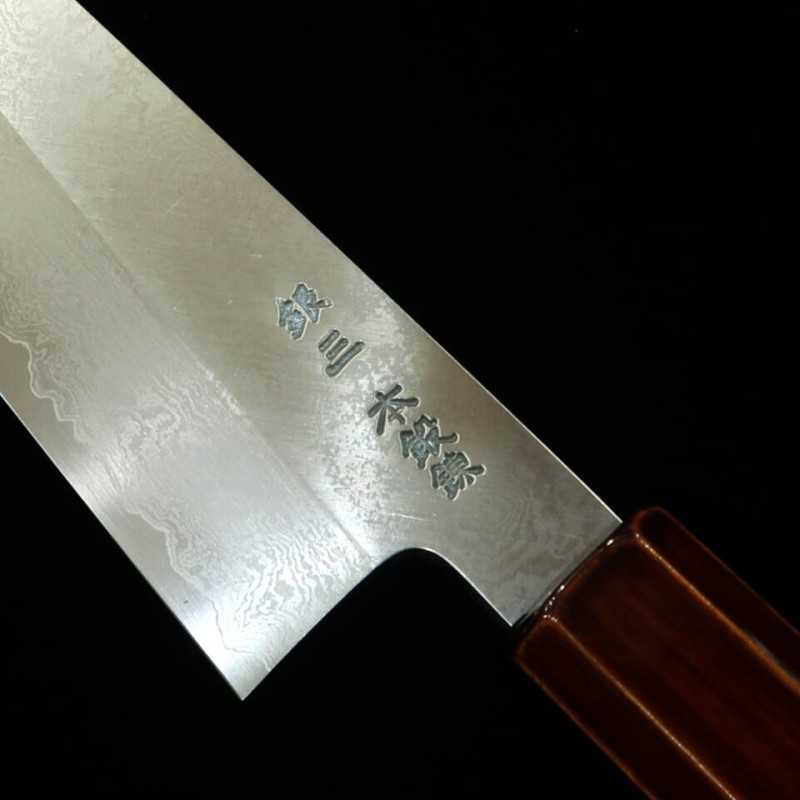 刃道HADO 切付三徳 銀紙三号 ダマスカス 木地呂塗り桜八角柄 （180mm）