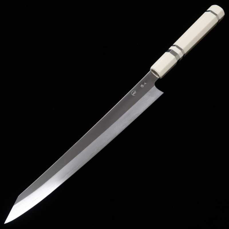 TADOKORO HAMONO Makoto, finition miroir, acier Gin-san n°3, couteau Kiritsuke-Sujihiki, manche imitation ivoire (270 mm)