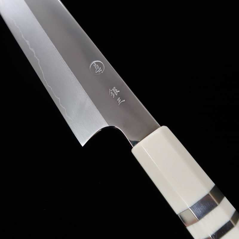TADOKORO HAMONO Makoto, finition miroir, acier Gin-san n°3, couteau Kiritsuke-Sujihiki, manche imitation ivoire (270 mm)