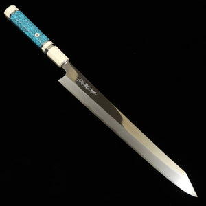 Kiritsuke Sujihiki Aogami nº2 com acabamento espelhado cabo personalizado turquesa (300 mm)