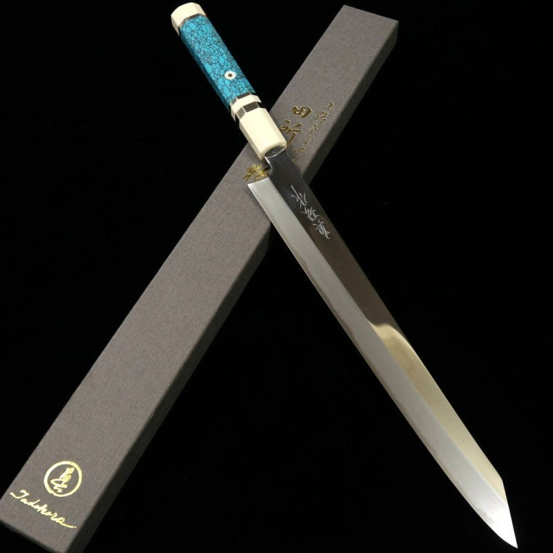 Kiritsuke Sujihiki Aogami nº2 com acabamento espelhado cabo personalizado turquesa (300 mm)