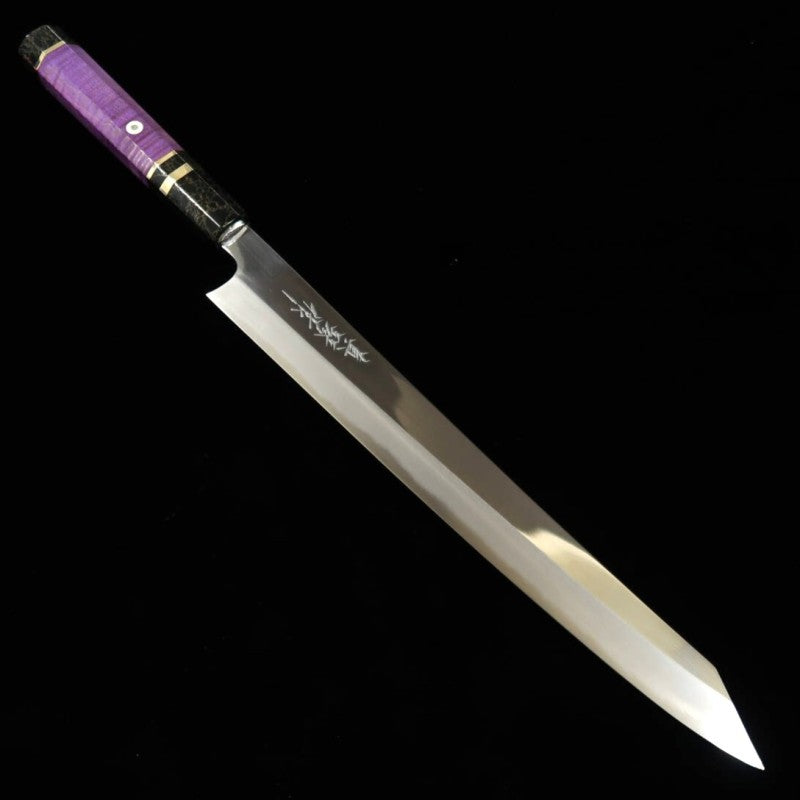 Sujihiki TADOKORO Aogami nº2 Acabamento  espelhado com cabo de madeira estabilizada (300mm)
