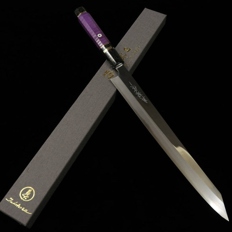 Sujihiki TADOKORO Aogami nº2 Acabamento  espelhado com cabo de madeira estabilizada (300mm)
