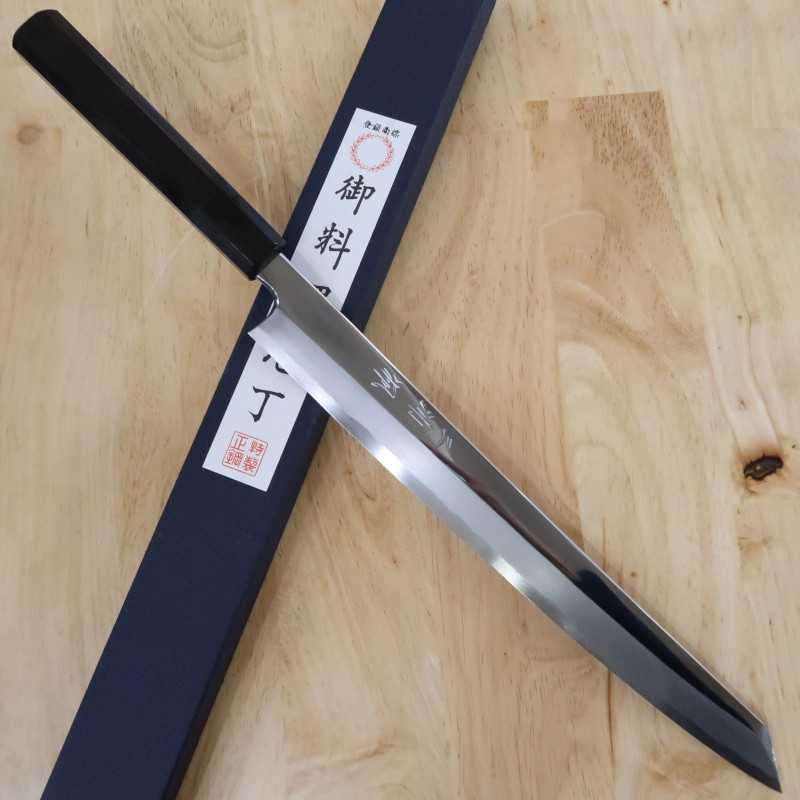 Miura Obidama Aço Branco No.2 Yanagiba Kiritsuke acabamento espelhado, cabo octogonal em ébano (270/300mm)