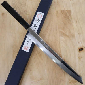Miura Obidama Aço Branco No.2 Yanagiba Kiritsuke acabamento espelhado, cabo octogonal em ébano (270/300mm)
