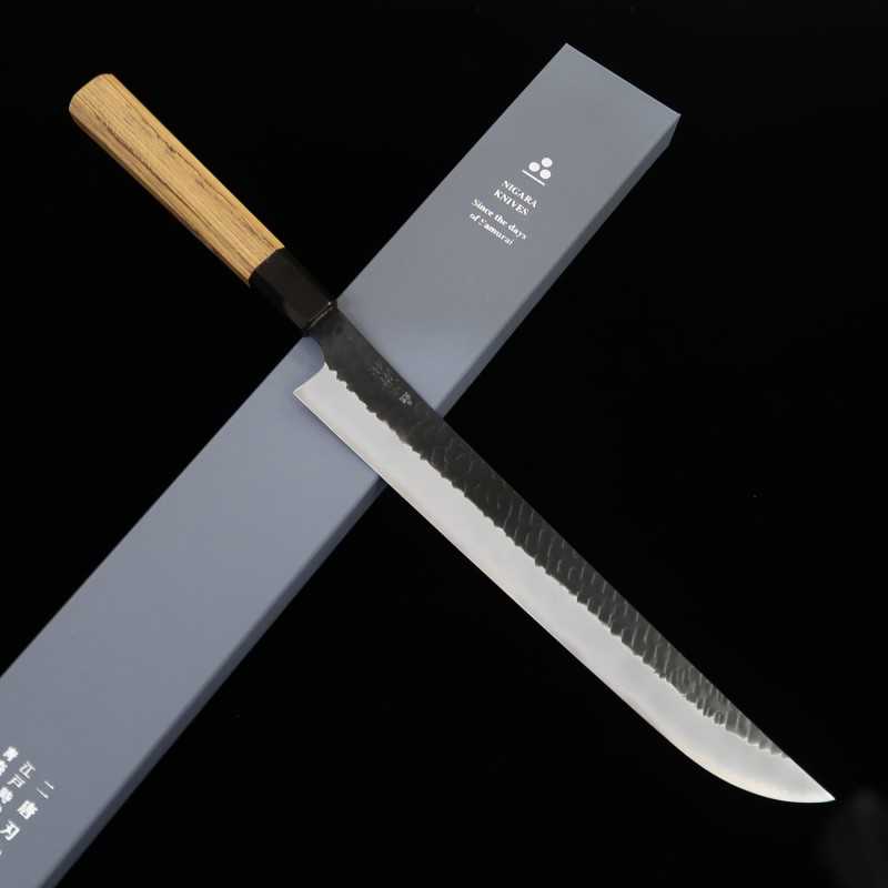 二唐刃物鍛造所NIGARA 先丸筋引 SG2 黒打 鎚目 チーク八角柄(270/300mm)