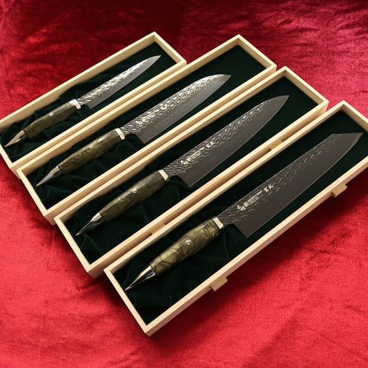 Petty/Santoku/Gyuto/Kiritsuki 4-piece set ZANMAI LIMITED EDITION Four Gods Series Genbu Coreless Steel VG-10/VG-2 Reinforced Acrylic Handle Color: - Green