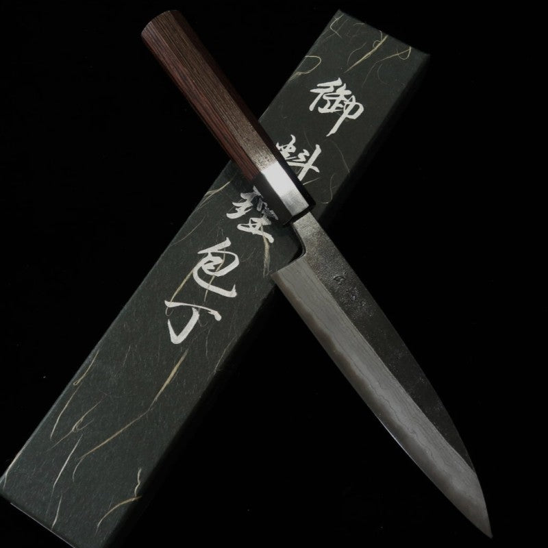 Petty HATSUKOKORO Kumokage Aogami no.2, acabado kurouchi, damasco, mango de wengué (150 mm)